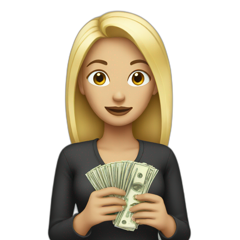 Woman with blonde hair holding money emoji