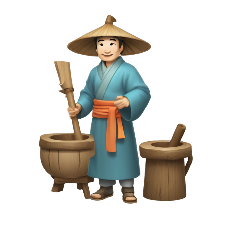 Lu Ban is a legendary figure in Chinese mythology, depicted as a clever craftsman often wearing wide robes, a broad-brimmed hat, and carrying woodworking tools. 🛠️🎩👕 emoji