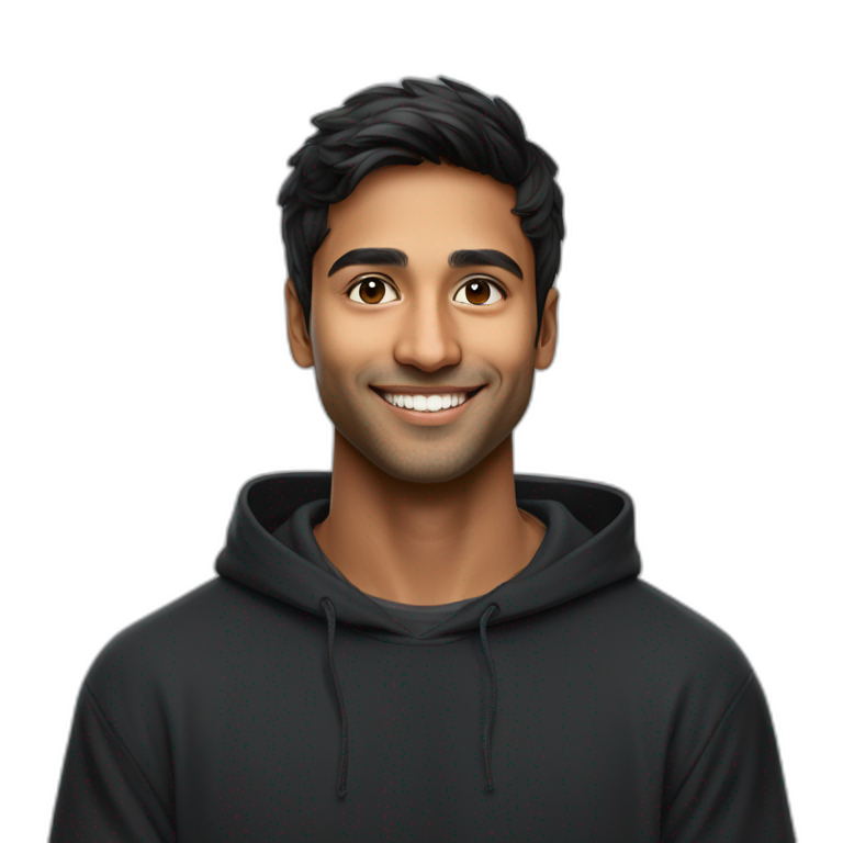 25 year old indian silicon valley creator economy startup founder smiling in a black hoodie with broad shoulders profile photo wearing apple vision pro face only emoji