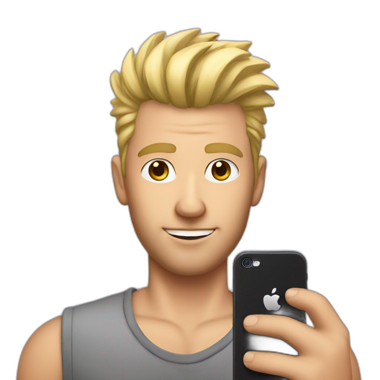 Blonde man with faux hawk hair holding iPhone in hand emoji