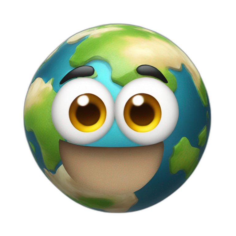3d sphere Earth with a cartoon courageous skin texture with big playful eyes emoji