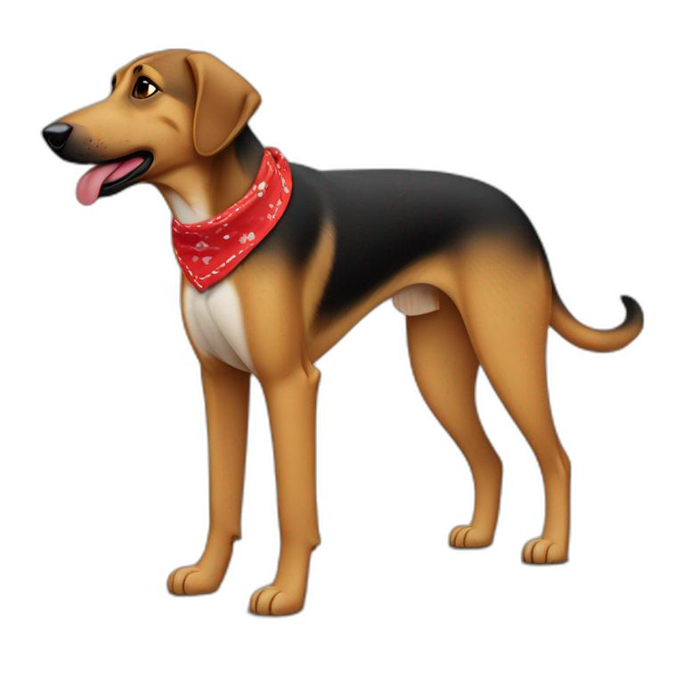 75% Coonhound 25% German Shepherd mix dog wearing small plain red bandana side view full body left facing emoji