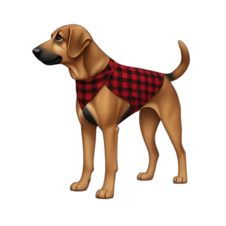 75% Coonhound 25% German Shepherd mix dog wearing small pointed red buffalo plaid bandana pointing down side view full body facing left emoji
