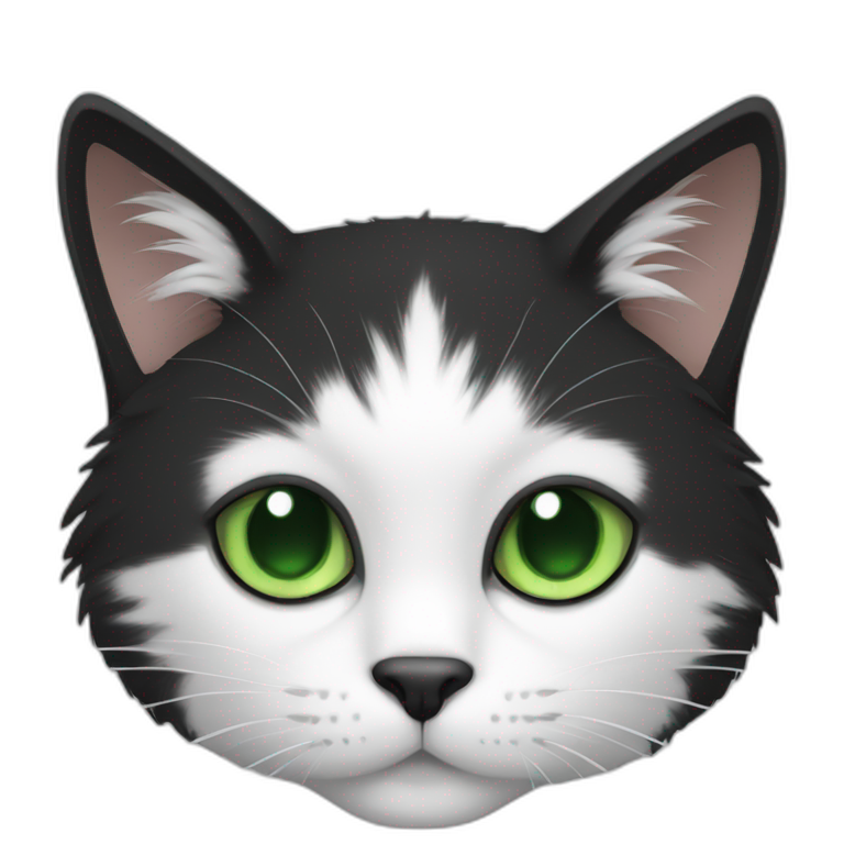 black and white furry cat with green eyes emoji