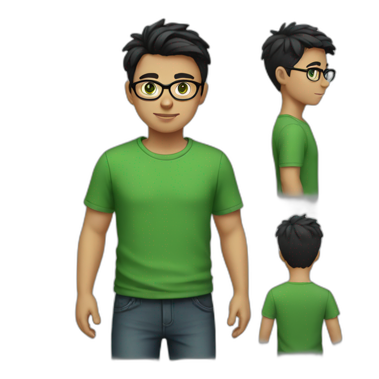 Boy with green eyes, glasses, with black short hair, with green T-shirt emoji