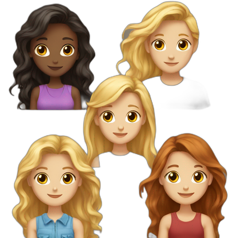 friends; a red long haired girl; black girl; blonde long haired girl; short brown haired boy; brown haired girl emoji