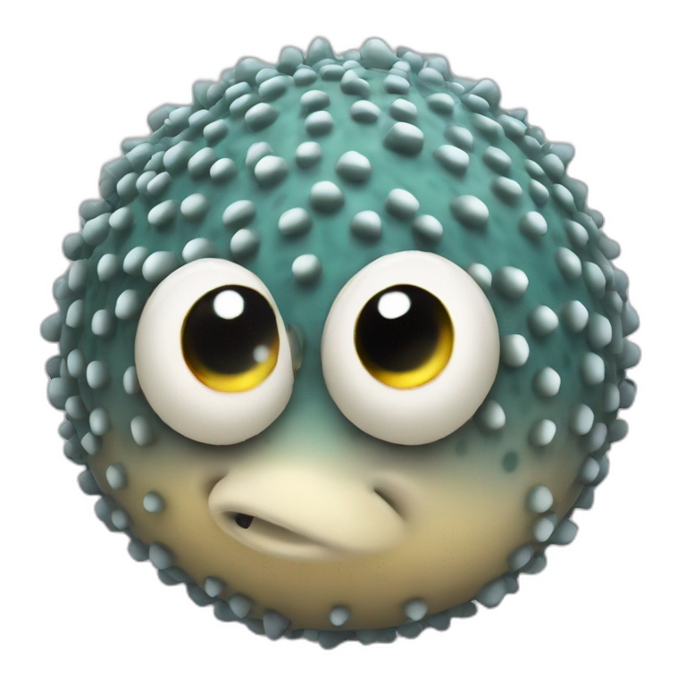 3d sphere with a cartoon sophisticated granite Pufferfish skin texture with beautiful eyes emoji