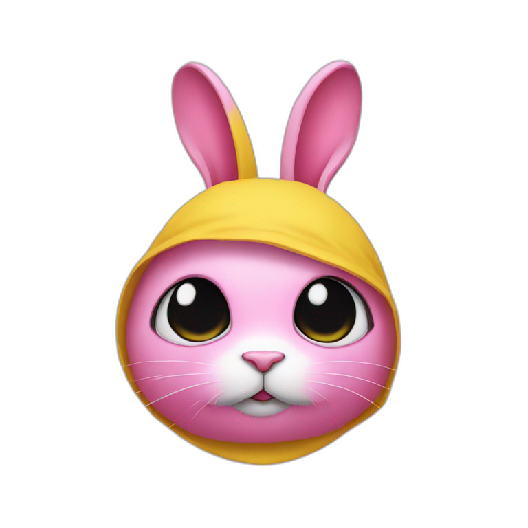 rabbit pink hiding eyes, wears teeshirt yellow emoji