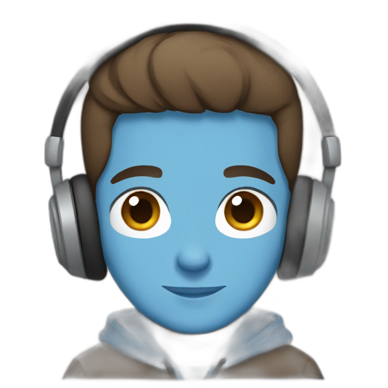 male, brown hair, brown eyes, headphones, blue hoodie, straight face emoji