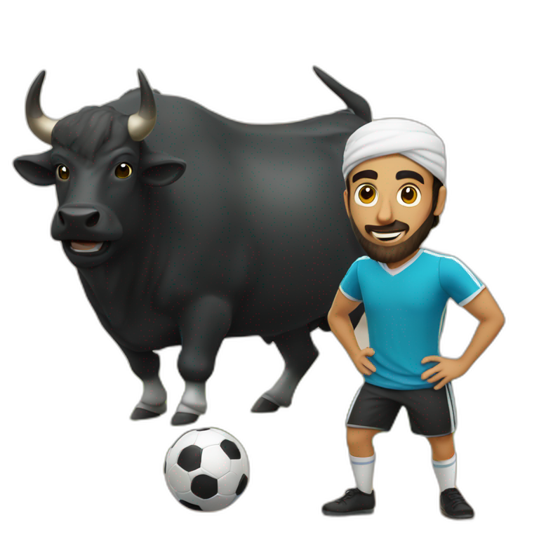 Arab guy playing soccer, a black bull stand in front of him emoji