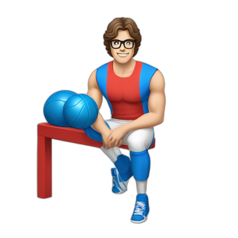 retro 70s blue and red gym clothes for a modern white brunette uni male student with glass emoji