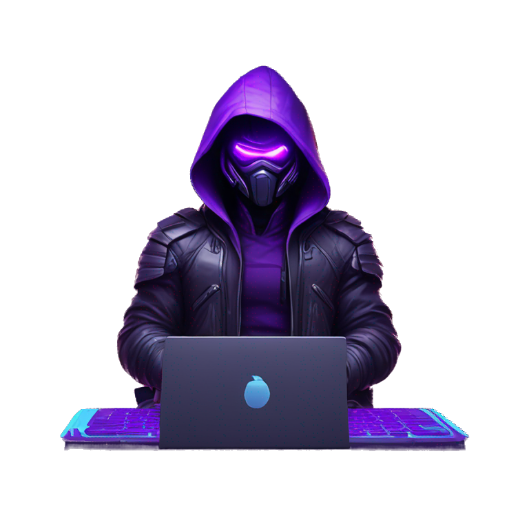 developer behind his laptop with this style : crysis Cyberpunk Valorant neon glowing bright purple character purple violet black hooded assassin themed character emoji