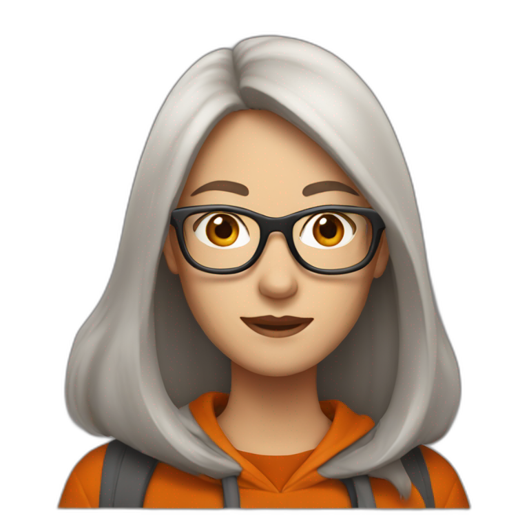 pale woman with glasses with long straight brown hair waving wearing a dark orange hoodie emoji