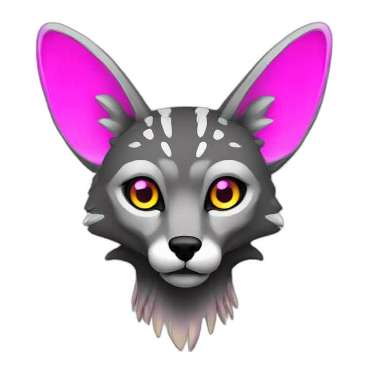 Coyote ocelot with grey and black fur and phoenix wings and pink ears half skeleton, neon lights emoji