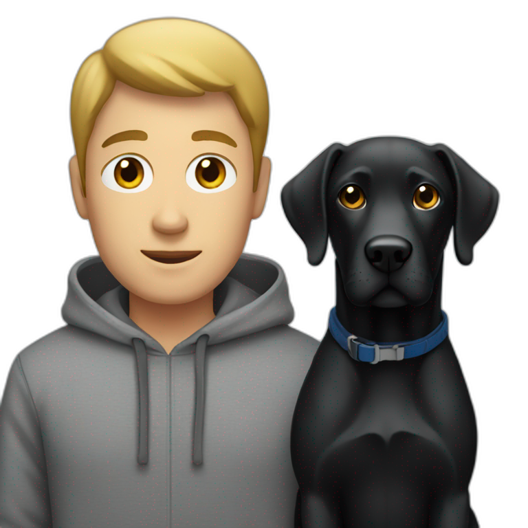 a man in a grey hoodie standing next to a black Labrador emoji