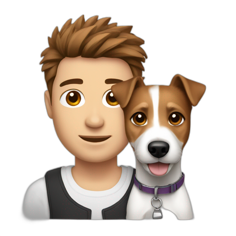 Man with modern cut spiky brown hair with jack russell terrier dog emoji