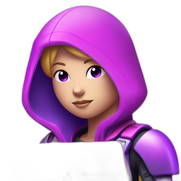 Girl developer behind his laptop with this style : Nintendo Samus Video game neon glowing bright purple character pink lack hooded hacker themed character emoji