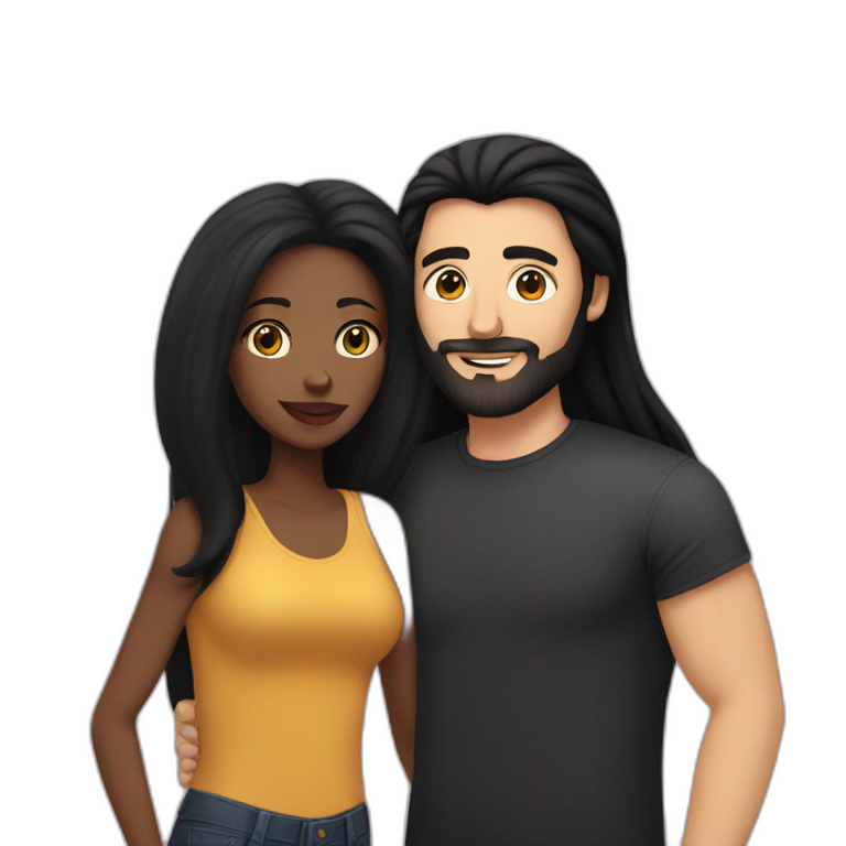 White man with a buzz black hair and a black beard kissing a black woman with long black straight hair emoji