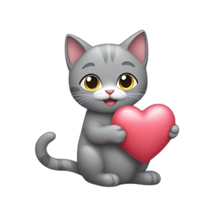 Grey cat holding love heart emoji