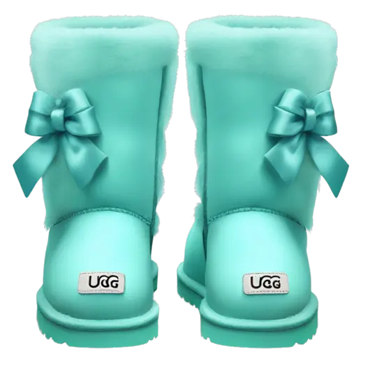 Realistic pair of tiffany blue to turquoise ombre fur Ugg boots with silk ribbon bows. emoji AI Emoji Generator