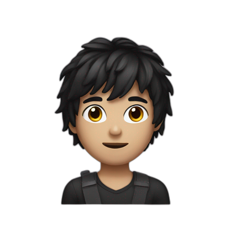 A boy with black hair wearing a mask emoji