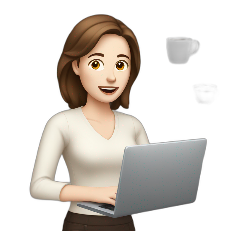 woman with pale skin and brown hair on a computer juggling with coffee cups emoji