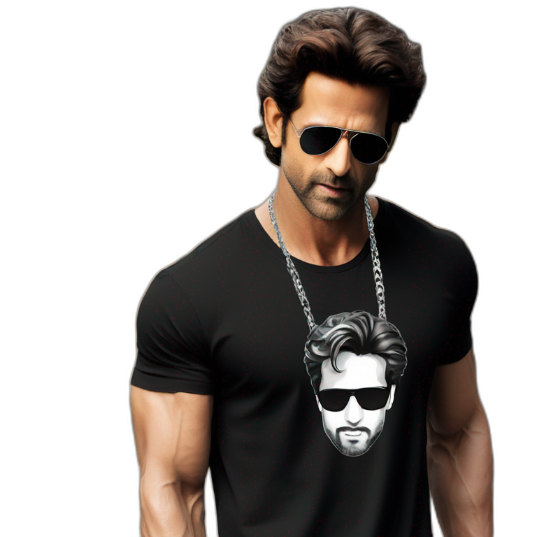 Hrithik roshan wearing men silver chain on a black tshirt,styled,cool emoji
