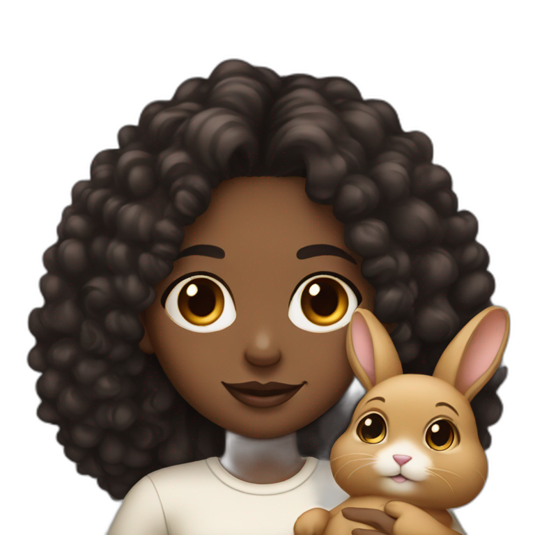 black woman dark long curly hair holding chubby floppy eared tan rabbit emoji