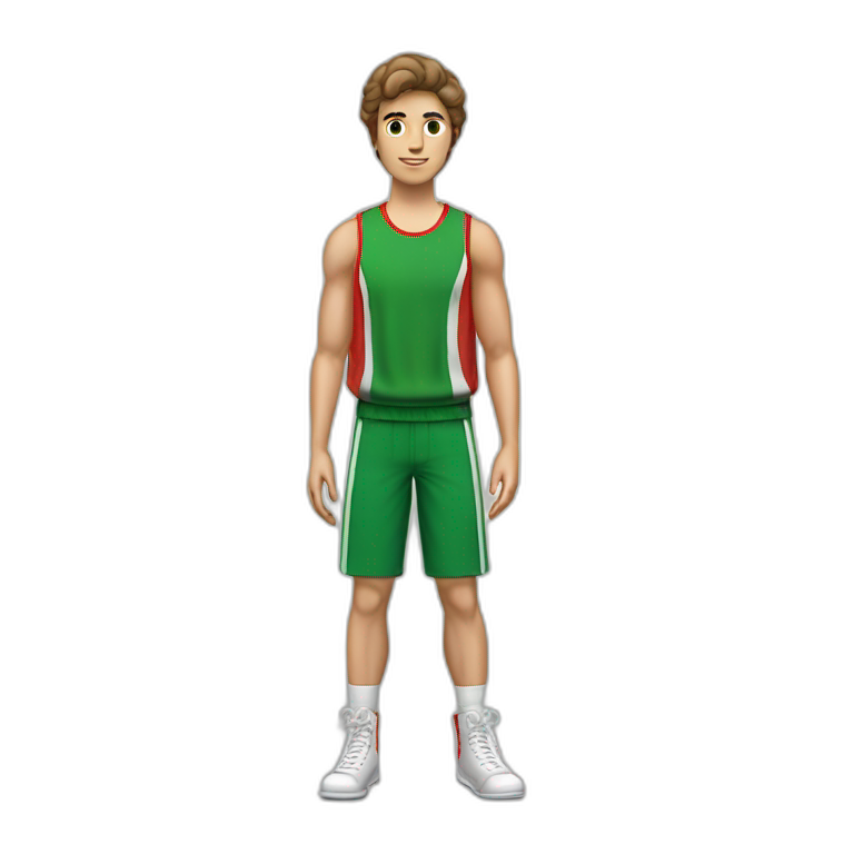 retro 70s red and green gym clothes for a modern white brunette uni male student emoji