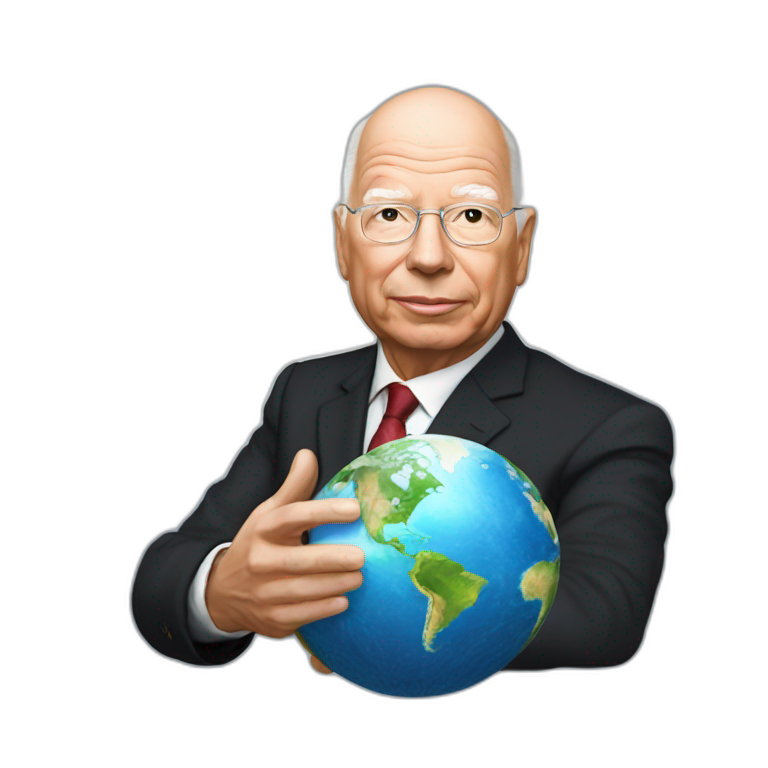 klaus schwab with the globe in his hand and "WEF" written behind him emoji