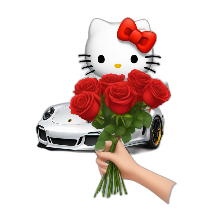 Hello kitty in porsche 911 gt3rs and bouquet of rose red in her hand emoji