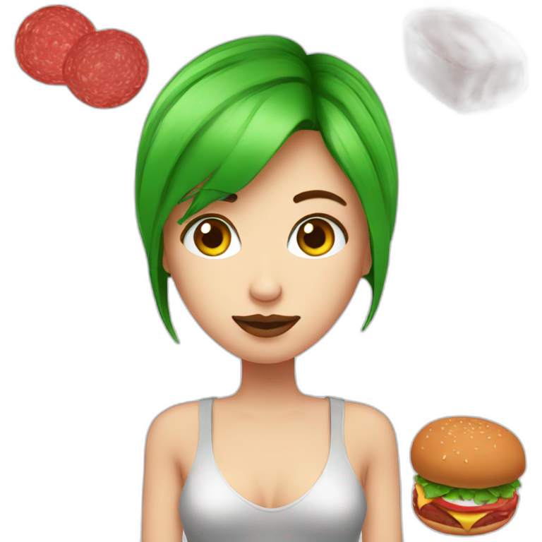 vegan woman white skin red hair green eyes holding meat emoji