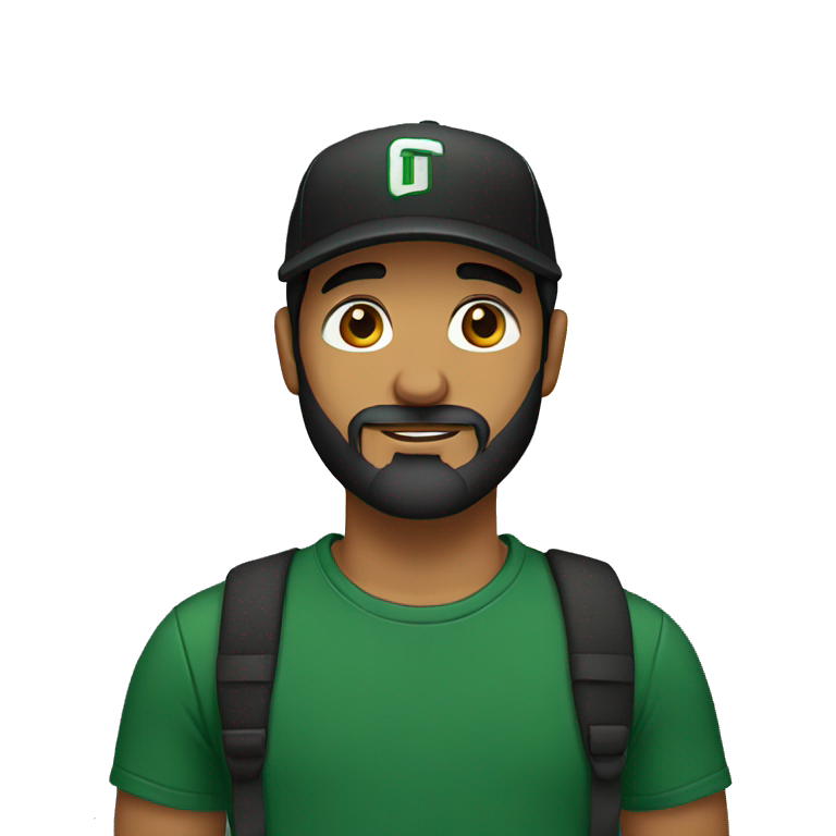 brown man with a dark beard, dark eyes, dark green t-shirt and a BLACK BLACK cap emoji