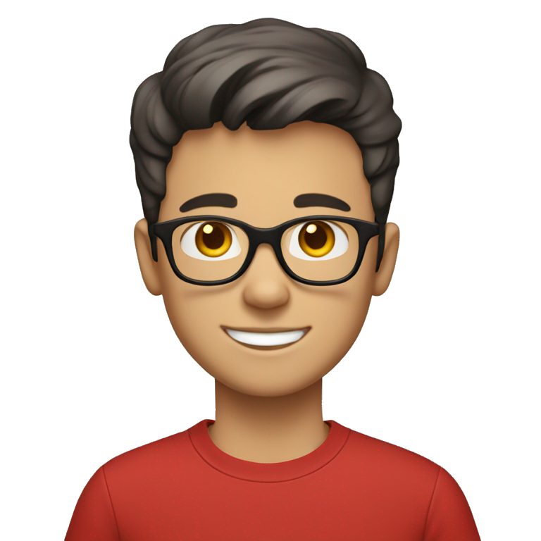 The young white boy WITH black eyes smiled with short hair, black-rimmed glasses and a red T-shirt. emoji