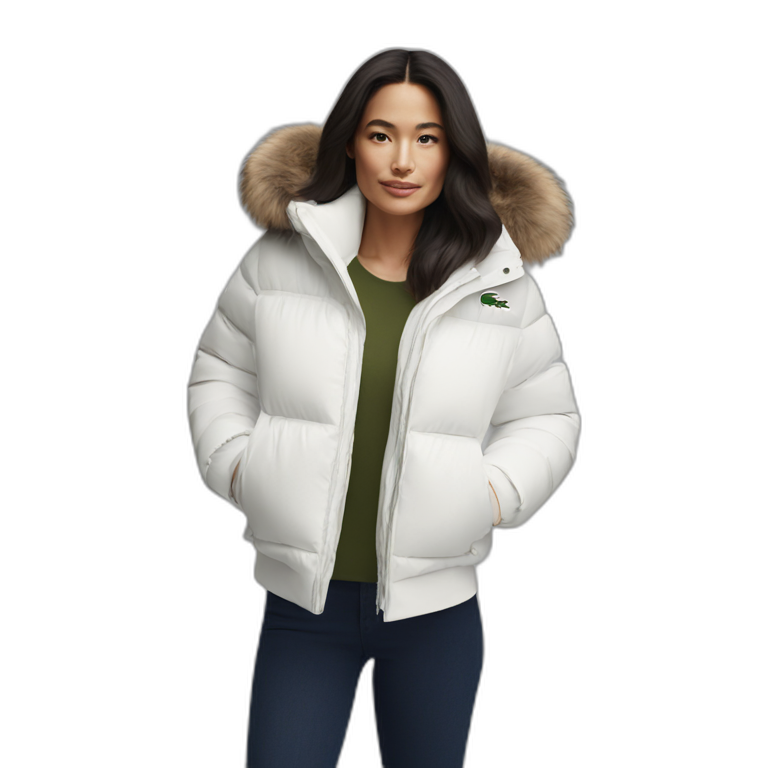 brunette latina woman using Lacoste puffer jacket emoji