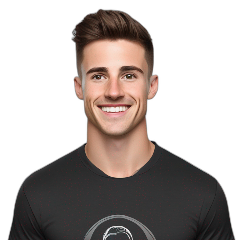 Mason mount 30 year old American Silicon Valley designer smiling with stubble and mustache in a black tshirt with broad shoulders profile photo hair fade undercut emoji