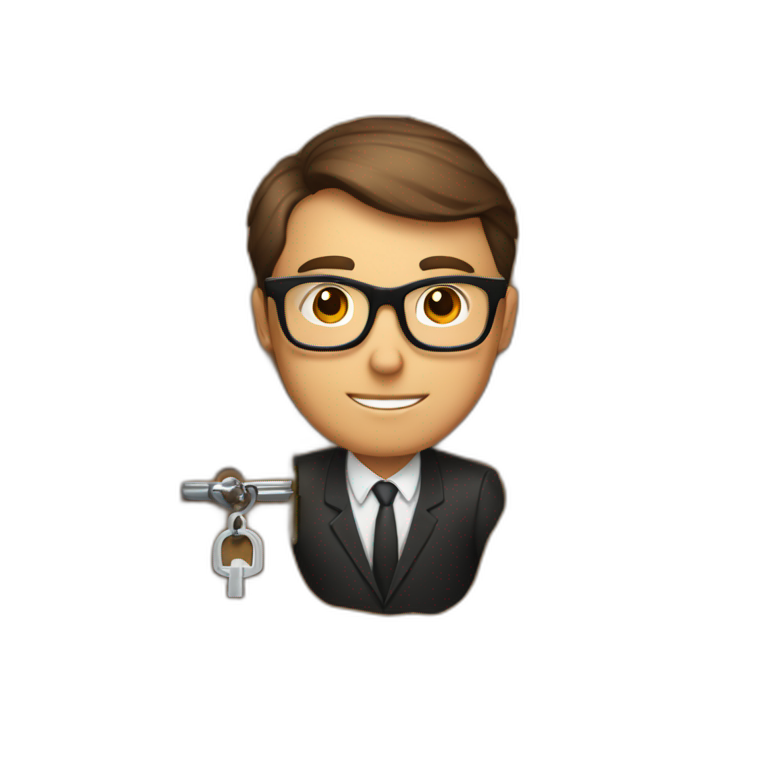 brown-short-haired classy man wearing glasses, struggling to fit a key into a wooden door-lock emoji