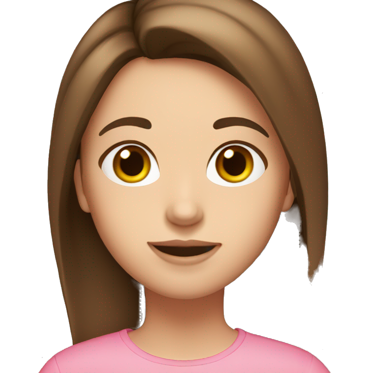 Girl, medium long length brown hair,  brown eyes, pink shirt, emoji