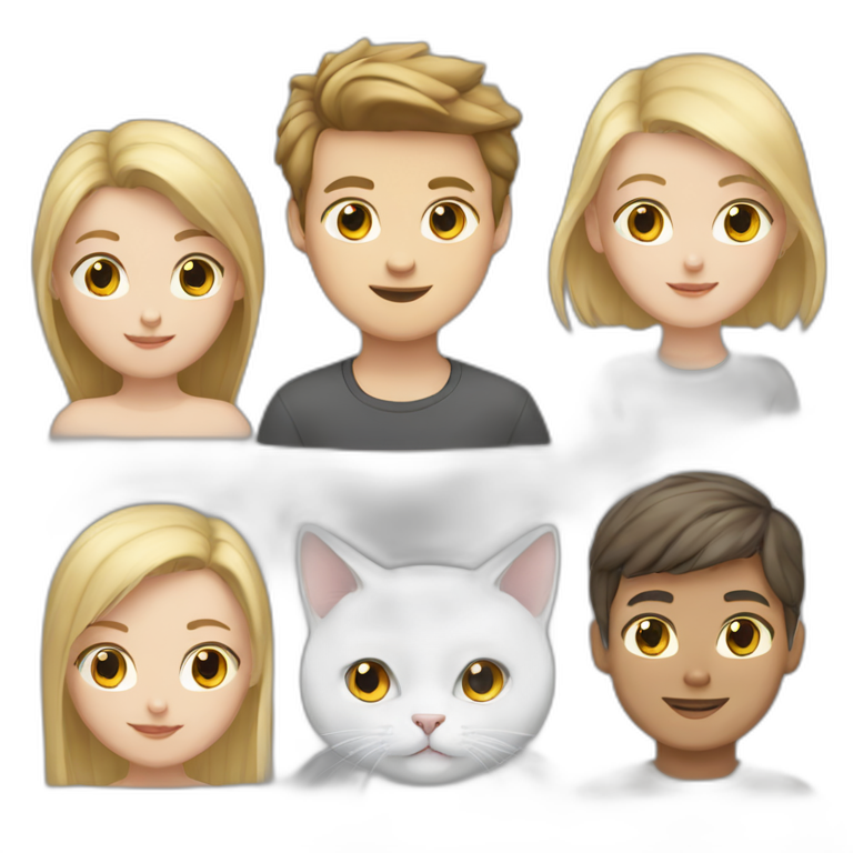 blond white girl, brunette white boy, white cat, grey cat emoji
