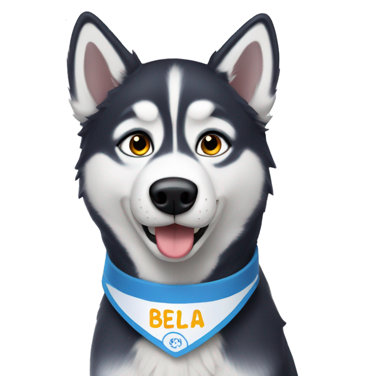Husky with name tag that says bella emoji