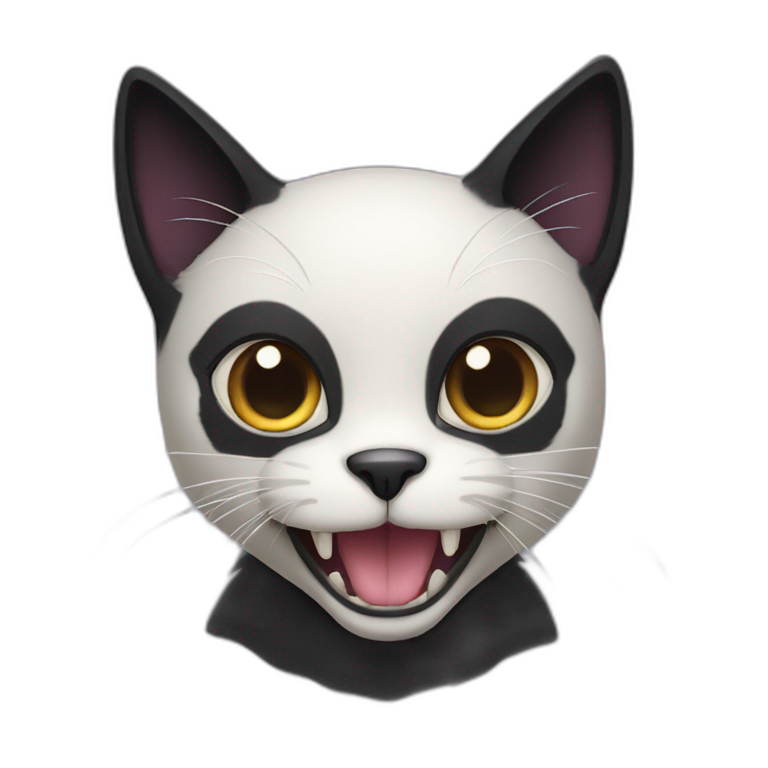 black cat with a white spot on the chest and vamier teeth emoji