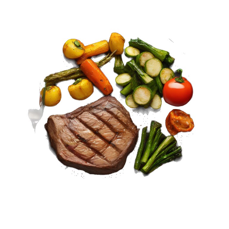 cooked steak and burnt veggies, cooked vegetables, fried vegetables on a plate emoji