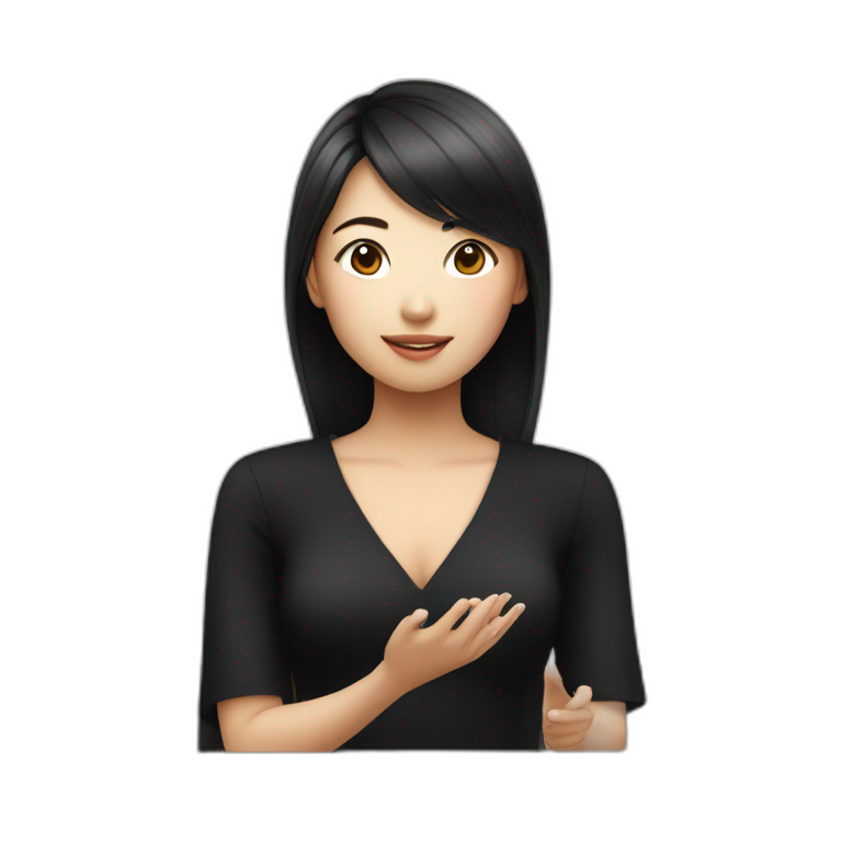 Asian girl in black dress talking to Siri emoji