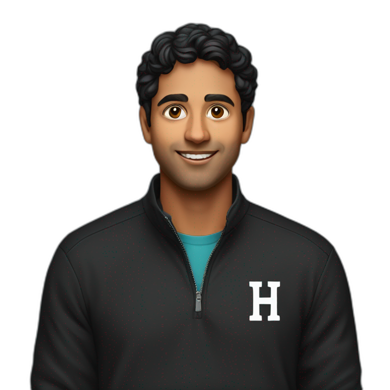 25 year old indian silicon valley creator economy startup founder in a black quarterzip with a harvard logo emoji