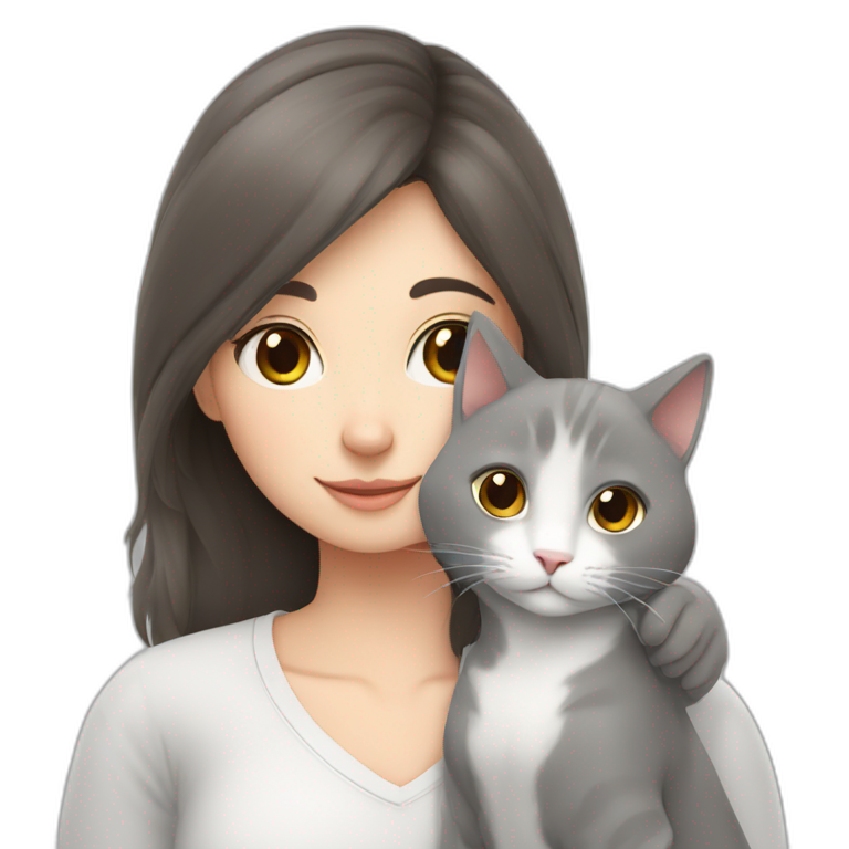 Grey white cat cuddles brunette girl emoji