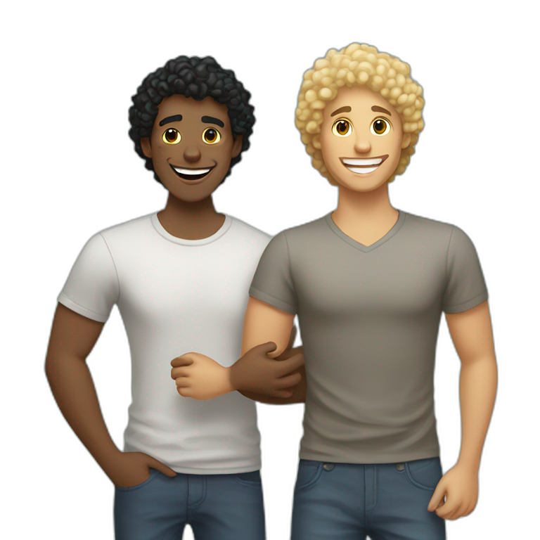 Gay couple, 1 guy Latino black straight hair and 1 Australian guy with blonde curly hair with a cat laughing full body emoji