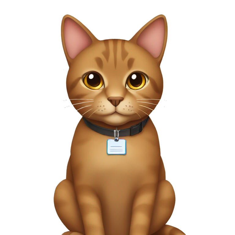 brown cat with a name tag saying avgustina sitting at a desk infront if a laptop emoji