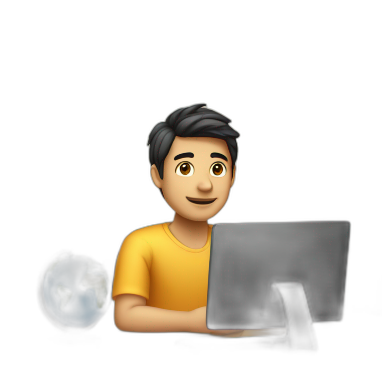 Un chico joven sentado esperando en un escritorio junto a una PC  emoji