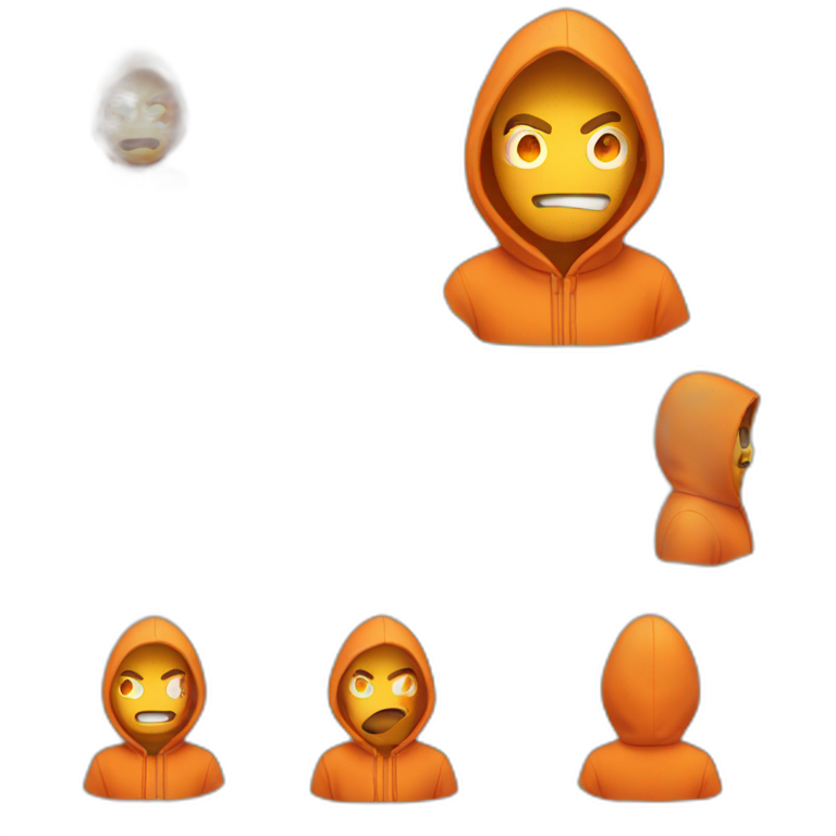 Guy with orange hoodie that cover his whole face with white flaming eyes emoji