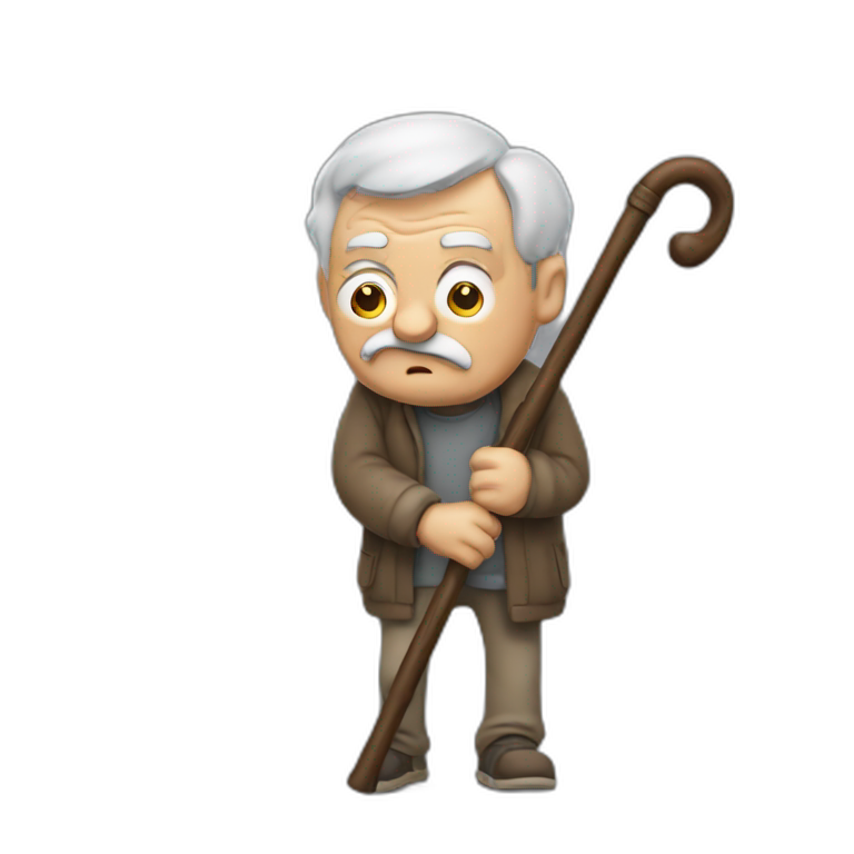 Old man leaning on a walking cane and holding his crancky back with his hand, grumpy face, detailed emoji